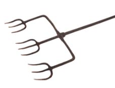 An iron triple pronged flesh fork:, each prong with three tines, the long handle with ring terminal,