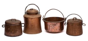 A copper cooking pot and cover: of bell-shaped outline with iron loop handle,