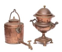An early 19th Century copper twin-handled adapted tea urn: with non-matching cover,