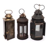 A sheet metal pendant lantern: of square form with original glass panels, 38cm high,