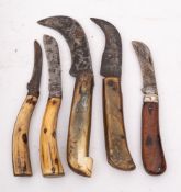 Five horn-handled folding hunting knives:.