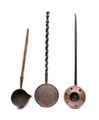 A 19th Century copper and iron long handled cooking pot: with pierced cover, 110cm long,