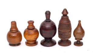 Five various treen salt and pepper pots:.