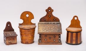 A beechwood and fruitwood half round salt box: with simulated fluted front, 23cm high,