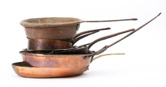 A copper saucepan: with iron handle, five circular saucepans and frying pans,