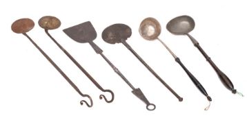 A pewter ladle: with turned wood baluster handle,