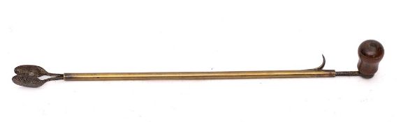 A pair of brass and iron toasting tongs: with turned wood handle.