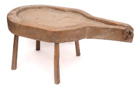 An ash and fruitwood cheese strainer: of oval shape with draining funnel end,