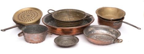 A copper and tinned circular sieve:, 44cm diameter, another 29.
