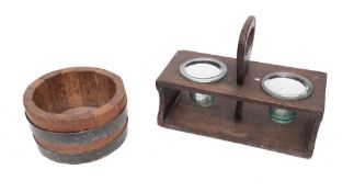 A two-division wood stand: having central handle and twin glass holders, 25cm long,