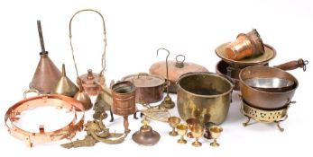 A mixed collection of copper and brass items: to include three funnels, small crumb tray and brush,