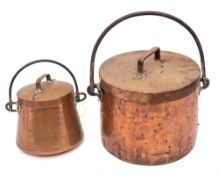 A copper drum-shaped pail and cover: with iron swing loop handle, 25cm diameter,