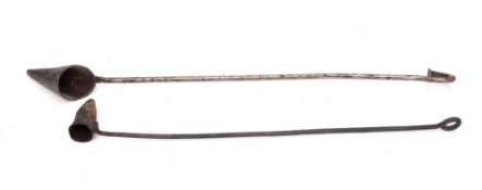 A basting iron:, the handle with ring terminal, 103cm long, and an iron long-handled basting iron.