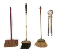 Two brass handled hearth brushes:, a wooden hearth brush, a pair of brass fire tongs, etc.