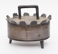 A 19th Century Continental bell metal oval down-hearth pheasant pot and cover: with crown decorated