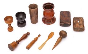 A small treen barrel-shaped pestle: with bell-shaped mortar, two treen snuff boxes,