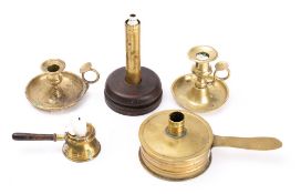 A brass circular chamber candlestick and cover: with handle, two circular brass chambersticks,