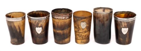 A 19th Century horn beaker:, scrimshaw decorated with a hunting scene, 10.