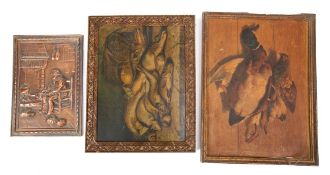An embossed copper rectangular panel: depicting a rustic man seated by an open fireplace with