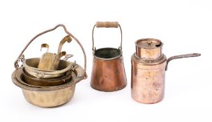 A copper cylindrical pot: with liner and cover, having iron handle, a small copper and tinned pail,
