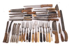 A collection of carving knives and forks:, variously handled,