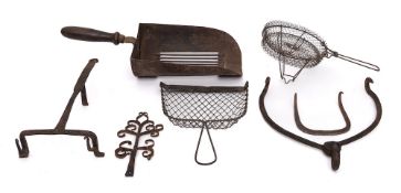 A 19th Century iron coffee or chestnut roasting shovel: with turned wood handle,