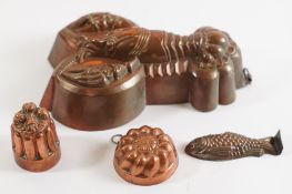 A tinned copper mould:, decorated with a lobster, 26cm long,