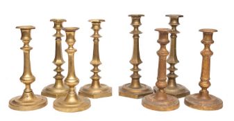 Two pairs of 19th Century brass hexagonal candlesticks: and two pairs of 19th Century brass