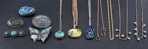 A collection of necklaces and brooches,: including an 18ct gold herringbone chain, weight ca.2.