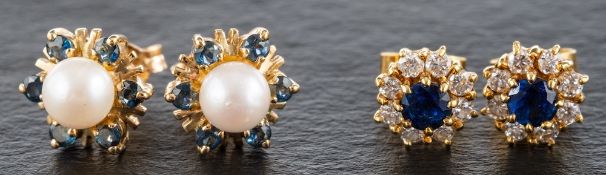Two pairs of cluster earstuds,: including a pair of 18ct gold sapphire and diamond cluster earstuds,
