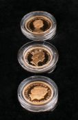 A proof set of three gold sovereign coins from 1979, 1985 and 1998,: diameter of each ca.