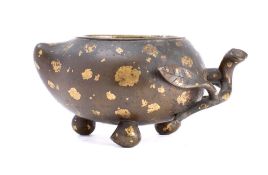 A Chinese gold-splashed bronze peach-shaped tripod censor: the stalk forming the handle and small