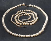 Two cultured pearl necklaces,: a one row necklace of cultured pearls, diameter ca. 5.8-6.