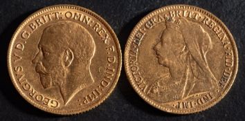 Two half sovereign gold coins, 1895 and 1911,: diameter ca. 19mms, total weight ca. 7.9gms.