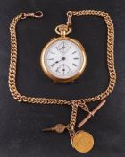 A gold split-seconds chronograph pocket watch: the movement having a lever escapement and numbered