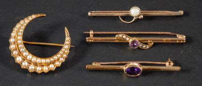 Four brooches set with pearls and amethysts,