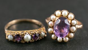 Two amethyst and pearl rings,: including an amethyst and seed pearl cluster ring,