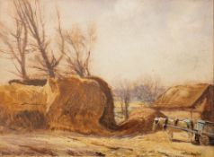 William Tatton Winter [1855-1928]- Horse and cart before hayricks,:- signed, watercolour, 26 x 36cm,