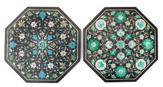 A black marble octagonal panel: inlaid with malachite, mother-of-pearl and enamel floral decoration,