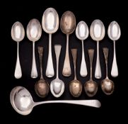 A mixed selection of flatwares, various makers and dates: includes sauce ladle, two dessert spoons,