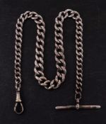 A silver Albert pocket watch chain: curb link marked for silver, with silver bar,