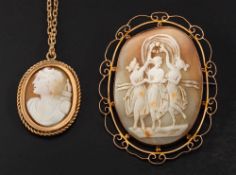 Two carved shell cameos,: a carve shell cameo brooch depicting the three graces,