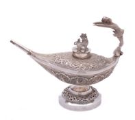 A Burmese silver pedestal oil lamp: of oval outline,