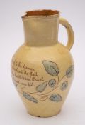 An Edwin Beer Fishley [Fremington] pottery Farmers Arms jug: incised with a poetic maxim and a