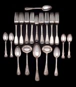 A matched silver Hanoverian Thread, Shell and Quilt pattern part flatware service,