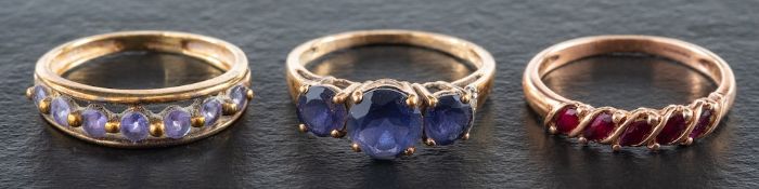 Nine 9ct gold gem-set rings,: including tanzanite, iolite, pink sapphire, diamond, garnet, apatite,
