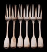 A set of six Victorian silver Fiddle pattern table forks, maker William Robert Smily, London,