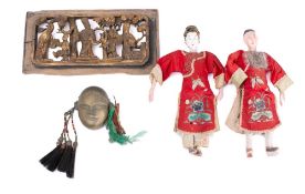 A carved Chinese giltwood trellis panel: decorated with Immortals and attendants in a garden,