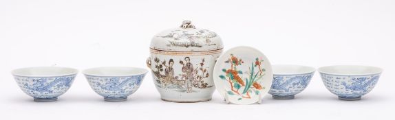 A mixed group of Chinese porcelain: comprising a deep dish with incised peony decoration under a