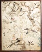A late 19th century/early 20th century Chinese silkwork picture: depicting exotic birds amongst